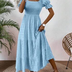 Elegant Blue Smocked Maxi Dress